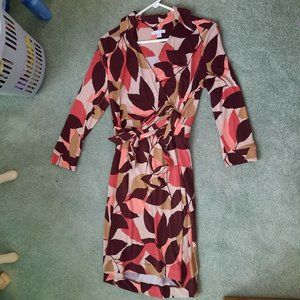 New York & Company Leaf Printed Fall Autumn Wrap Dress Medium